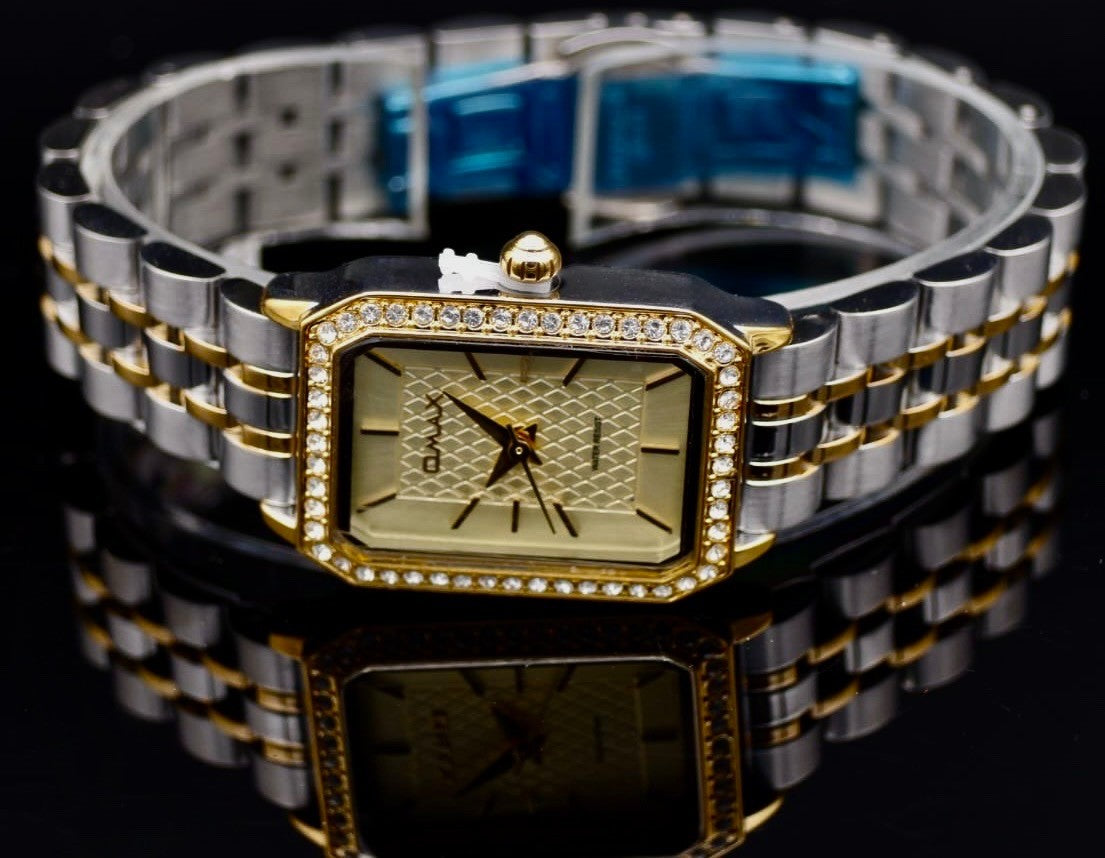 Mega Edle Omax Damen Armband Uhr Silber Gold Farben Damenuhr Strass IP Veredelt1