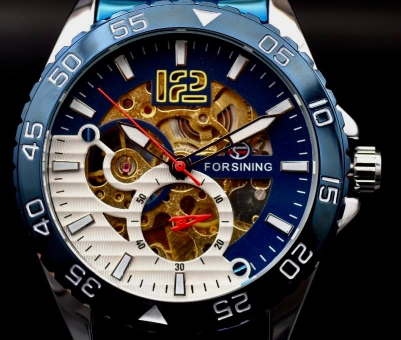 Exklusive Herren Männer Automatik Uhr Blau Farben mit Sicht aufs Uhrwerk NEU1