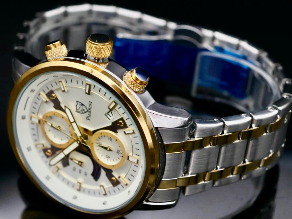 Pierrini Herren Armband Uhr Chronograph Stoppuhr Datum Bicolor Neu mit Box*2
