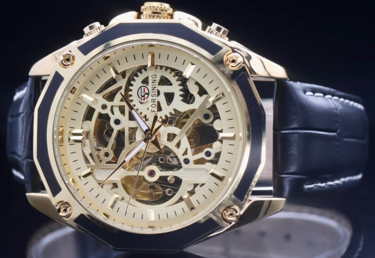 FORSINING - AUTOMATIK - UHR - HERREN - SKELETTUHR - LEDER - GOLD / SCHWARZ - NEU1