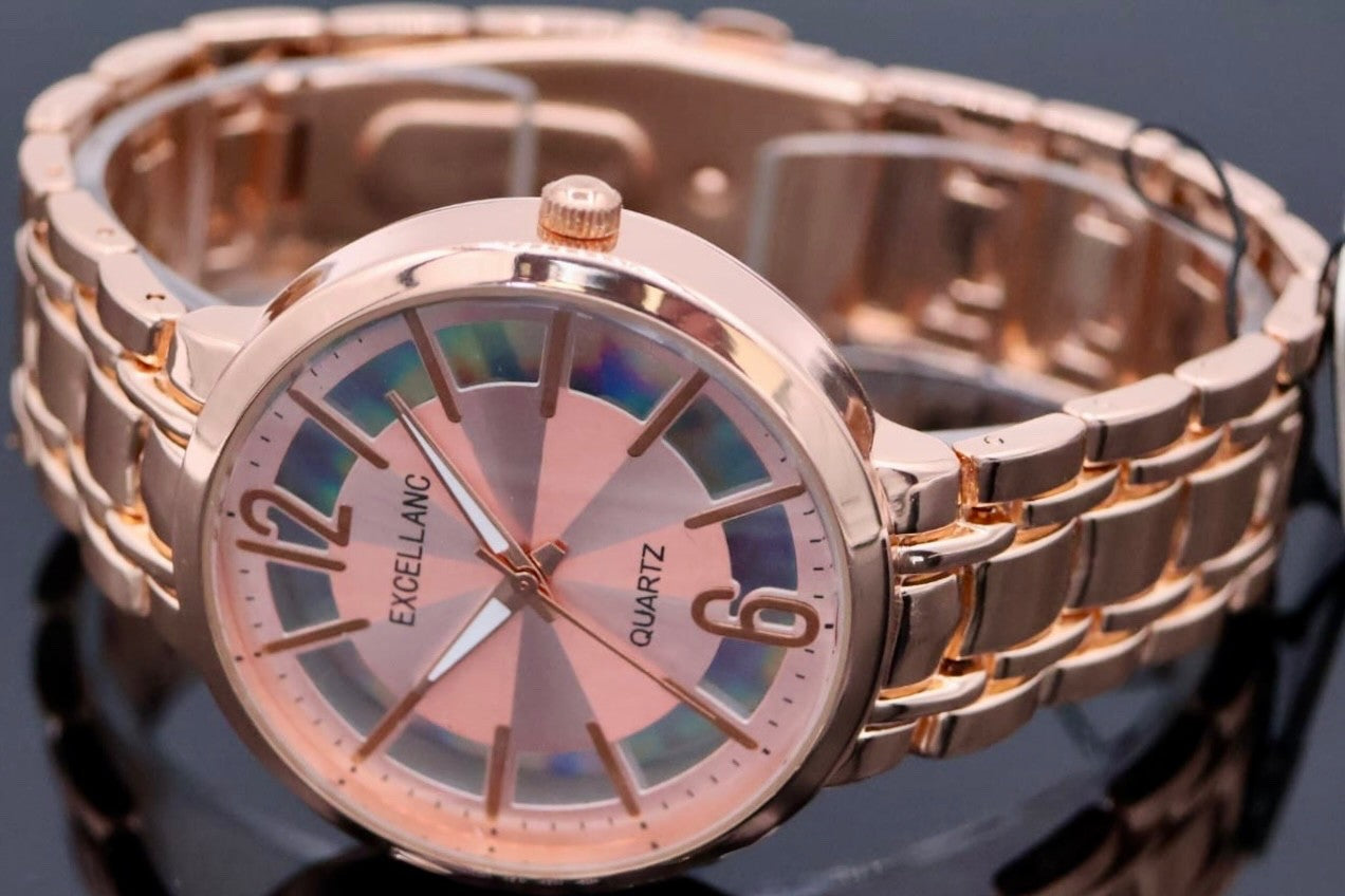Excellanc Damen  Armband Uhr Rosé  Damenuhr  holografischer Effekt Mineralglas1