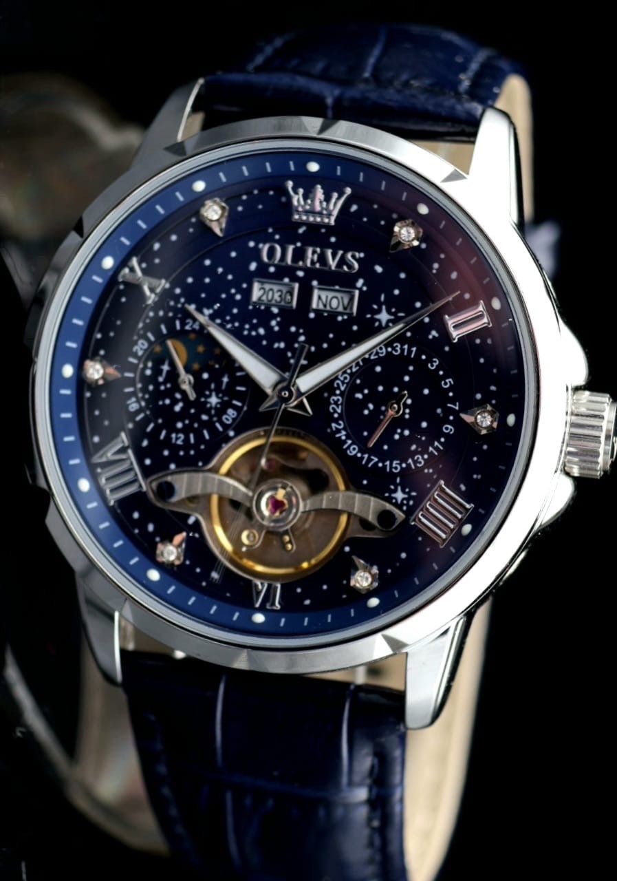 OLEVS Herren Automatik Uhr Herrenuhr Blau Schwarz Farben mit Lederband Kalender0