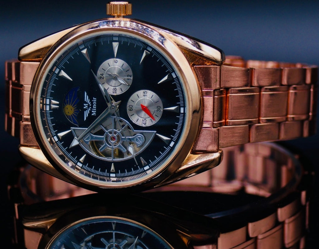 Mega Edle Minoir Automatikuhr Armbanduhr Herrenuhr Rosé offene Unruh + Glasboden1