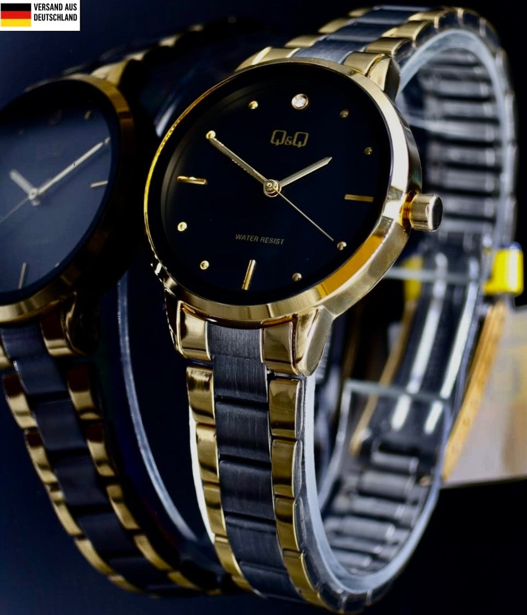 Edle Q&Q Damen Frauen Edelstahl Armband Uhr Schwarz Bicolor Farben Damenuhr0
