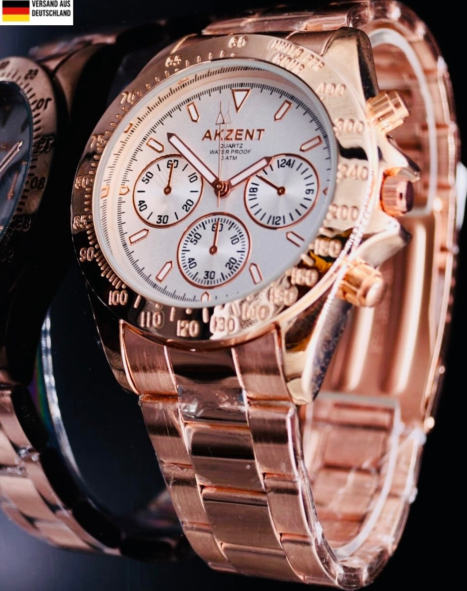 - Akzent Damen Frauen Armband Uhr Rosé Farben Damenuhr Mineralglas Chrono-Look -0