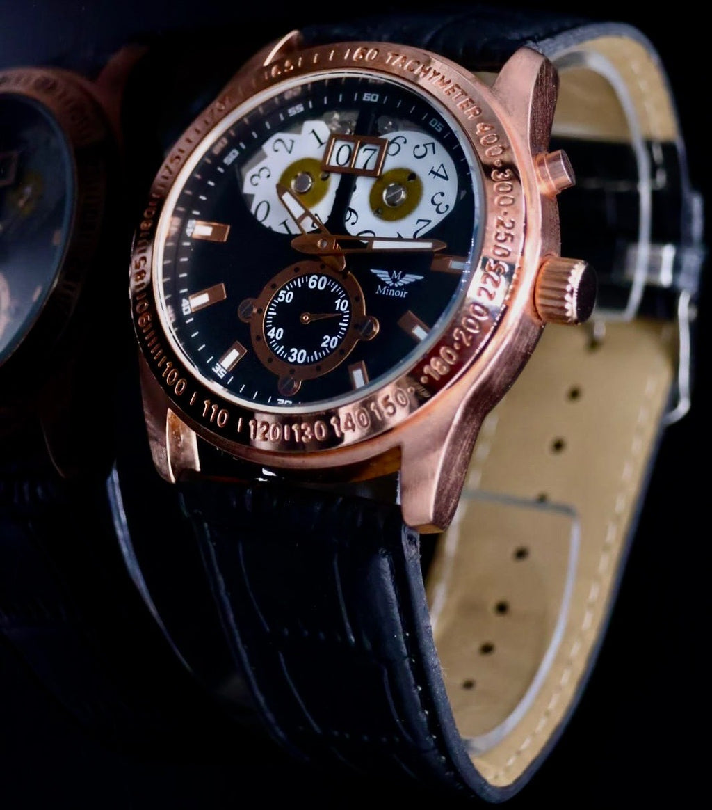 Minoir Herren Uhr Automatik Armbanduhr Schwarz Rosé Farben Herrenuhr Lederband0
