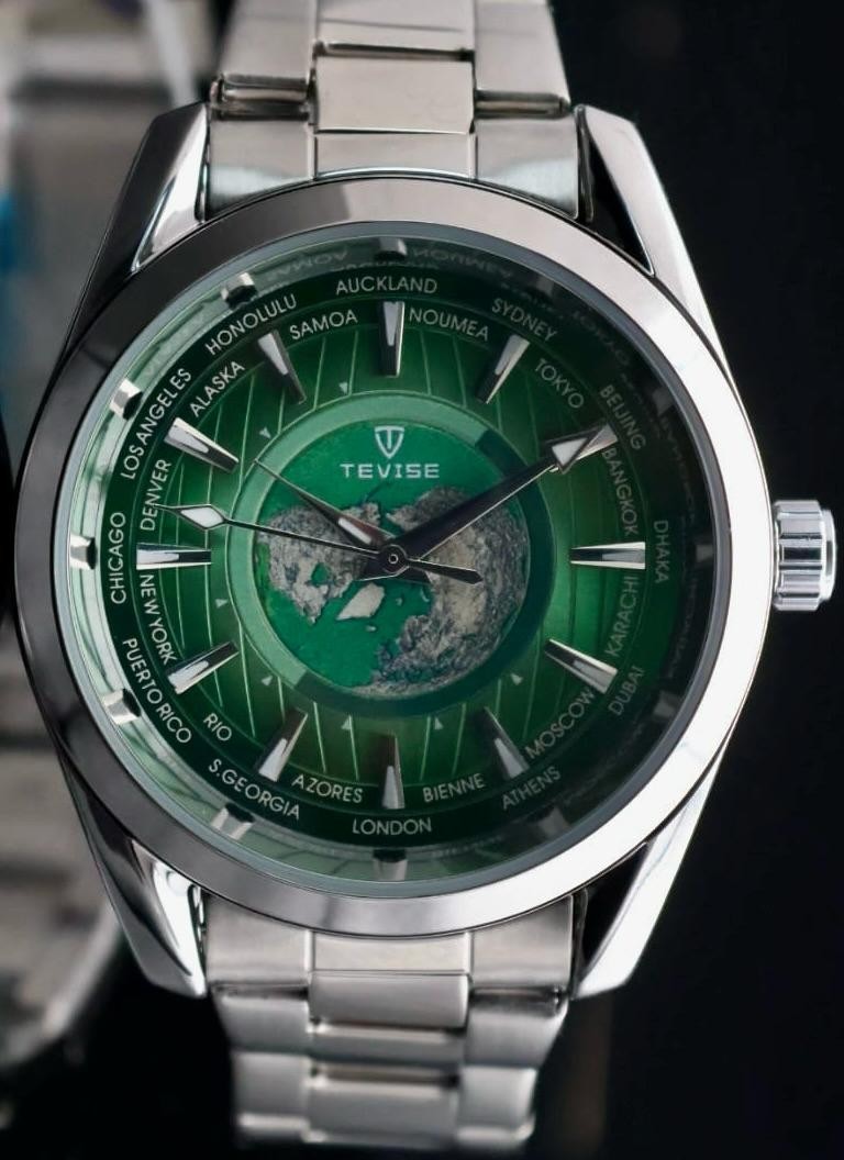 TEVISE - HERREN - AUTOMATIK - UHR - WELTUHR DESIGN - GRÜN - EDELSTAHL - 42MM0