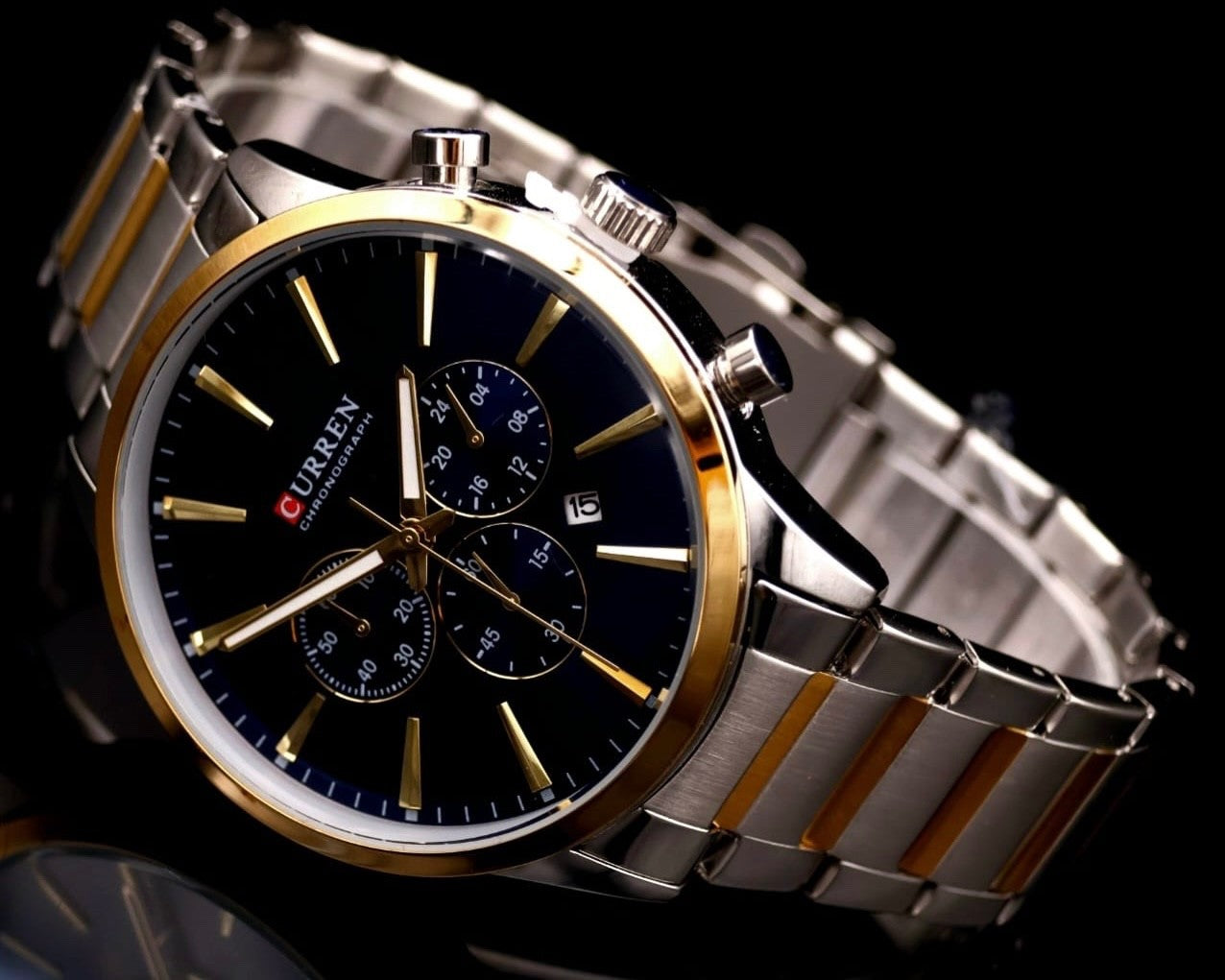 Herren Armband Uhr Edelstahl Chronograph Stoppuhr Datum Blau Bicolor Farben1