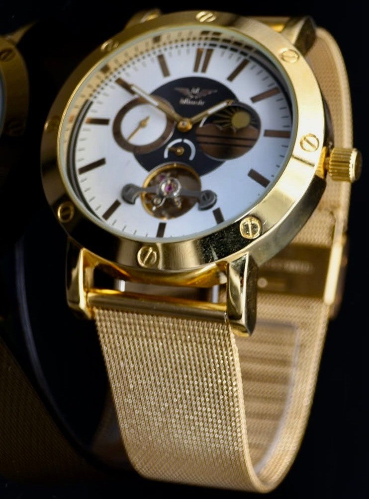 Mega Luxus Herren Uhr Automatik Armbanduhr Minoir Herrenuhr Gold Farben Meshband1