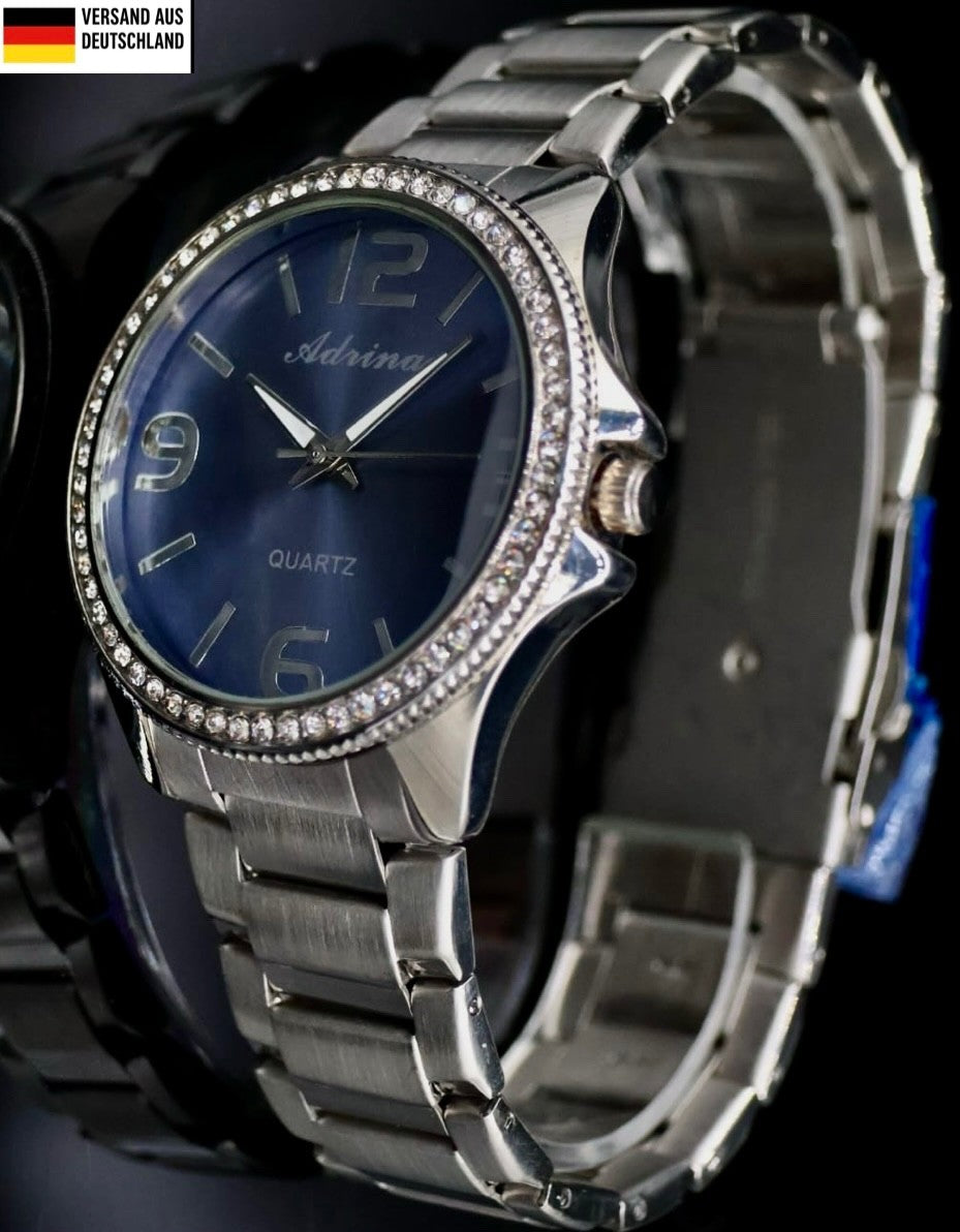 Adrina Damen Frauen Armband Uhr Silber Blau Farben Damenuhr Mineralglas Strass0