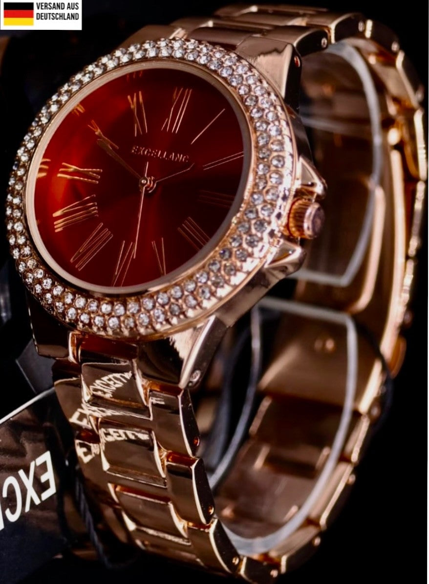 Excellanc Frauen Damen Armband Uhr Bordeaux Rot Rosé Farben Damenuhr  Strass0
