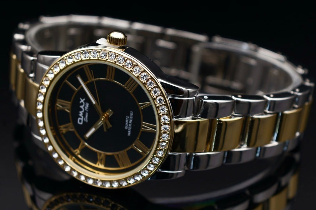 Mega Edle Omax Damen Armband Uhr Silber Gold Farben  Damenuhr Strass IP Veredelt1