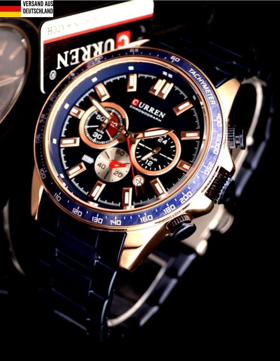 Edle Herren Männer Armband Uhr Chronograph Stoppuhr Datum NEU Rosé Blau Farben 10