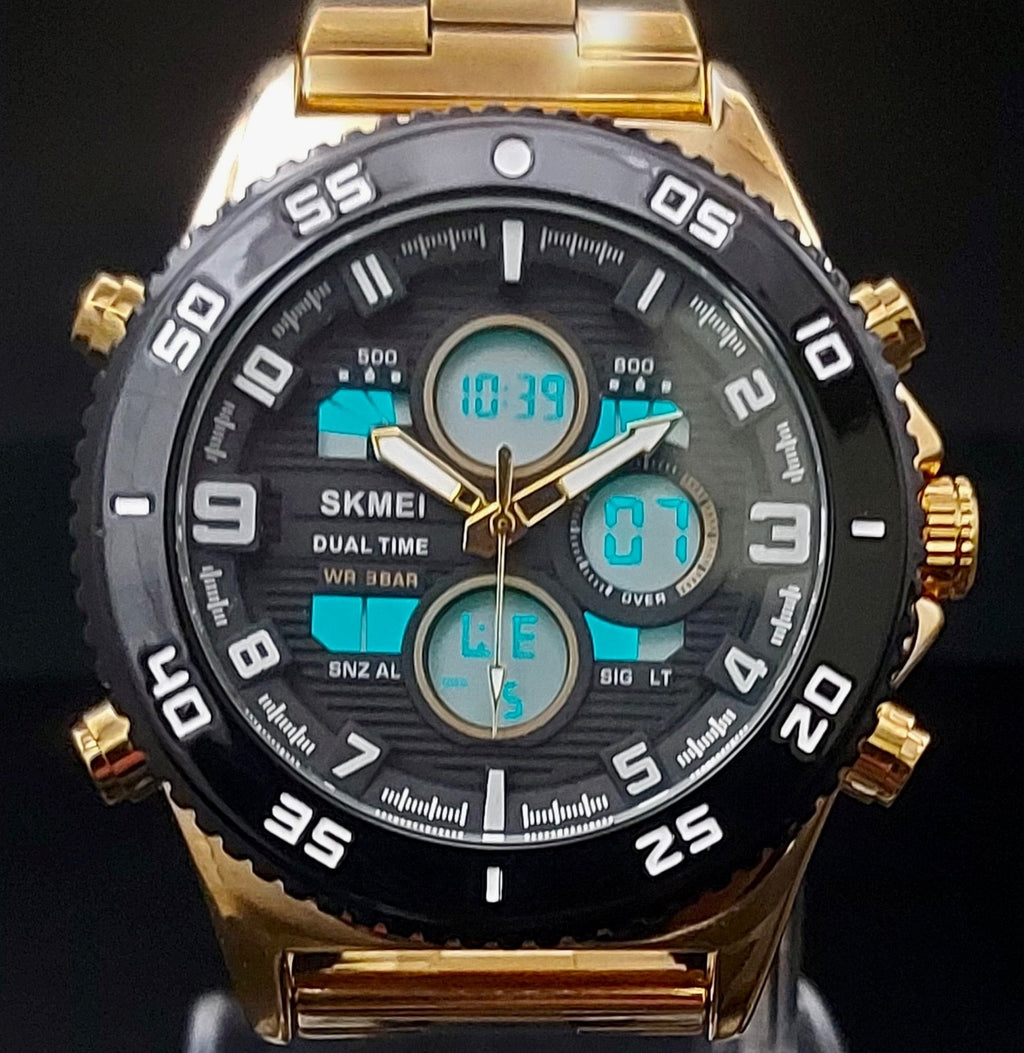 Sportliche Digital & Analog Herren Uhr Armbanduhr Wecker Schwarz Gold Farben NEU0