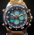 Sportliche Digital & Analog Herren Uhr Armbanduhr Wecker Schwarz Gold Farben NEU0