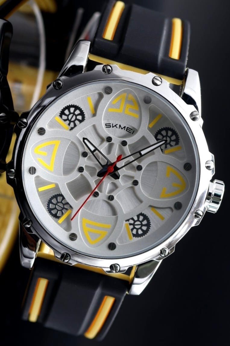 SKM - HERREN - UHR - SILIKONBAND - SCHWARZ - GELB - LEUCHTZEIGER - 45MM - NEU1