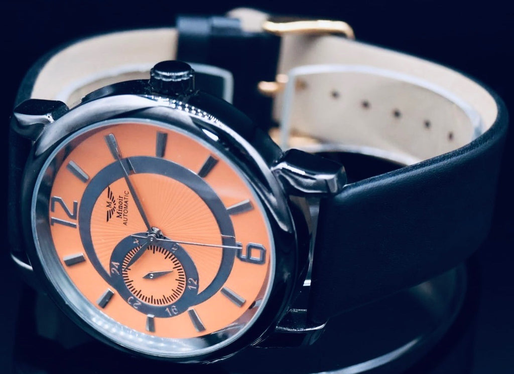 Minoir Herren Uhr Automatikuhr Armbanduhr mit Glasboden Orange Schwarz Farben1