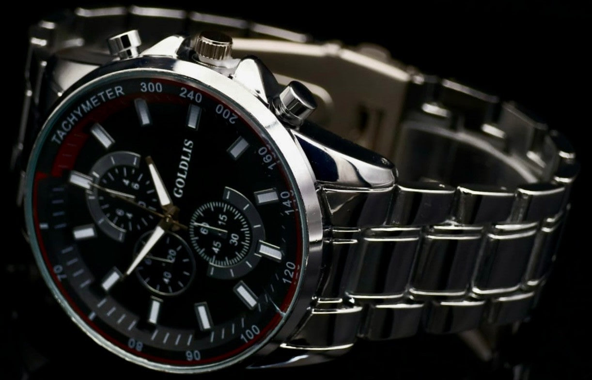 XL Herren Armband Männer Uhr  Schwarz Silber Farben Chrono Look Quarz *NEU * 721