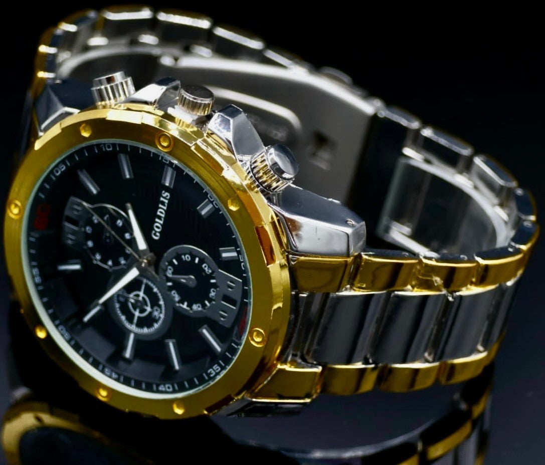 XL Herren Armband Männer Uhr  Silber Gold Schwarz Farben Chrono-Look Bicolor1