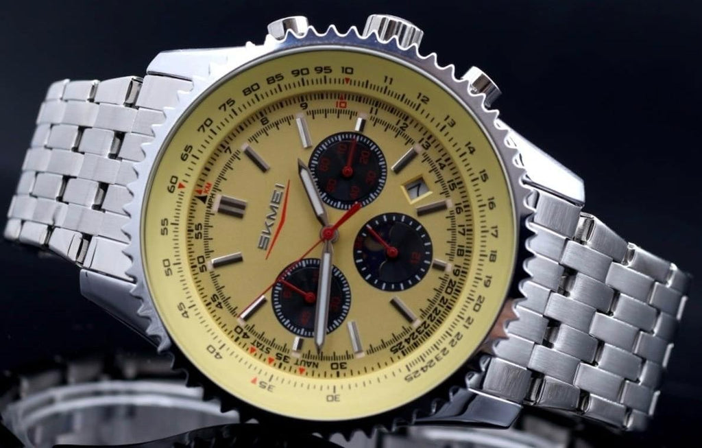 HERRENUHR - SKM - CHRONOGRAPH - STOPPUHR - DATUM - EDELSTAHL - GELB - 48MM - NEU1