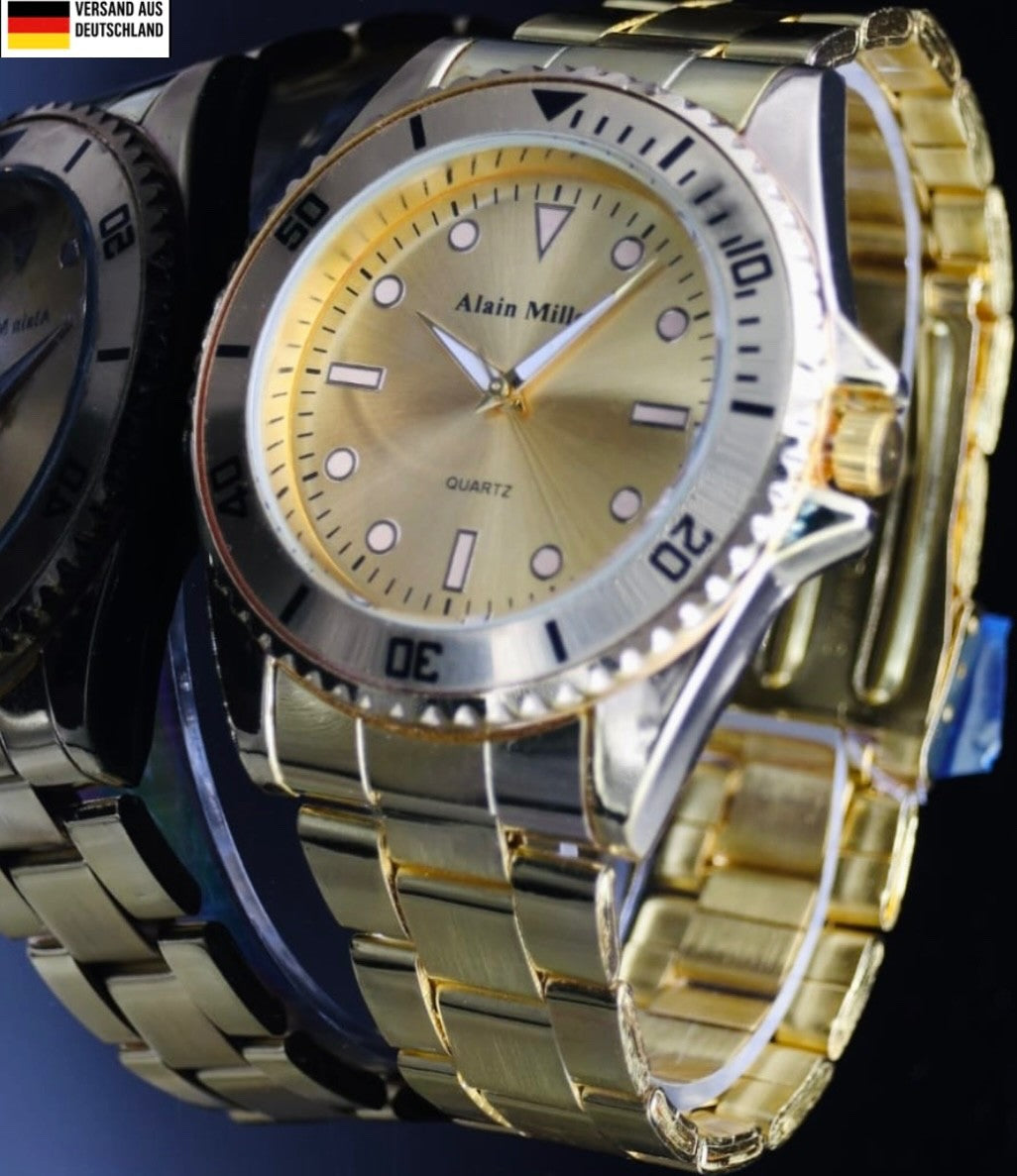 Alain Miller Herren Armband Männer Uhr Gold Farben im sportlichem Design NEU0