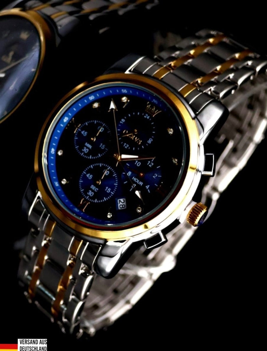 Herren Männer Armband Uhr Chronograph Stoppuhr Datum Silber Gold Farben Bicolor0