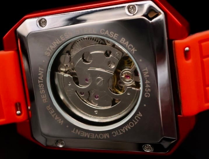 Sportliche Herren Automatik Uhr Herrenuhr in Rot Schwarz Farben offenes Uhrwerk2