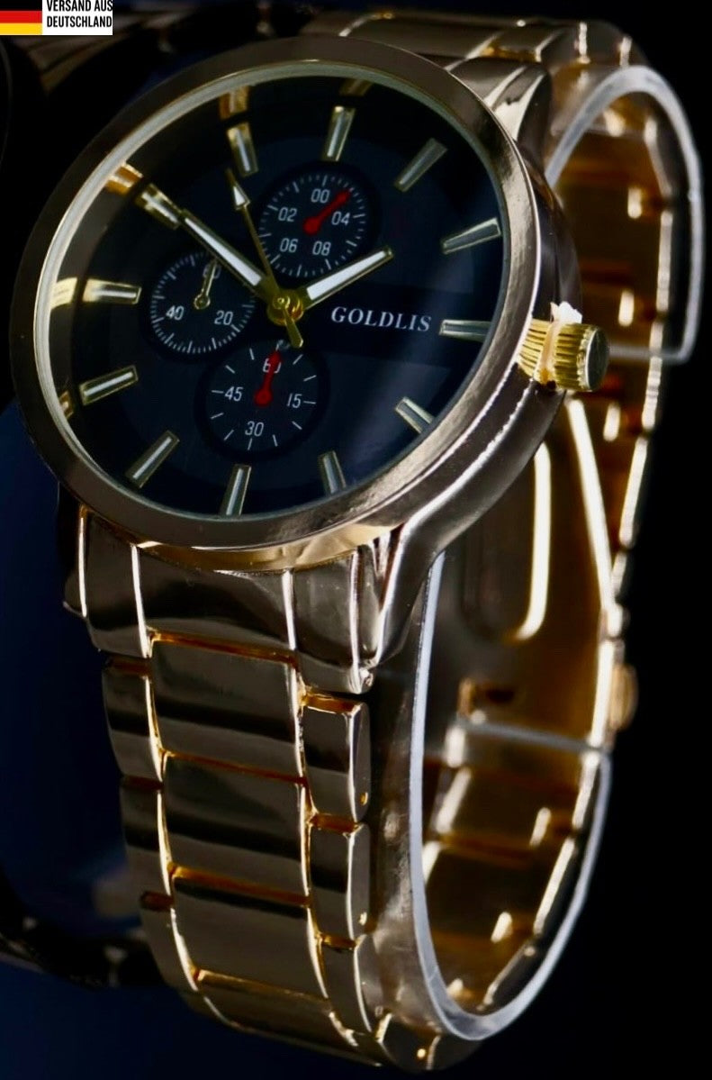 Mega Edle Herren Armband Männer Uhr  Schwarz Gold Farben Chrono-Look NEU0