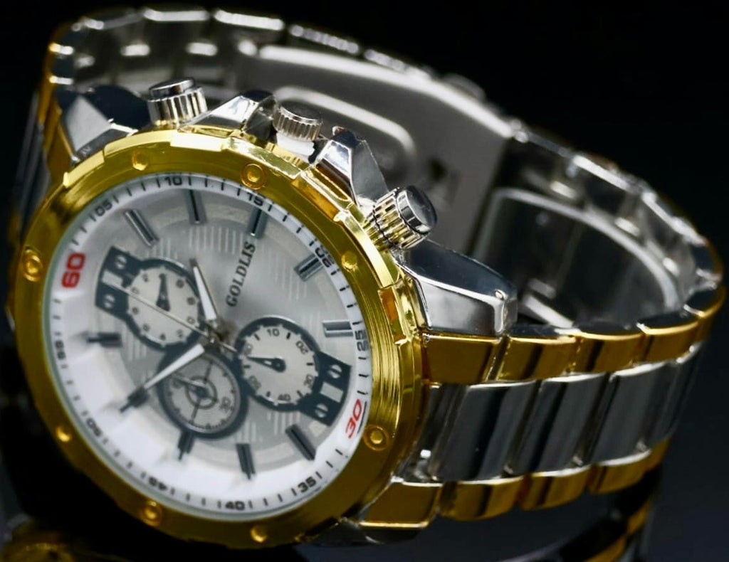 Mega Edle XL Herren Armband Männer Uhr  Silber Gold Farben Chrono-Look1