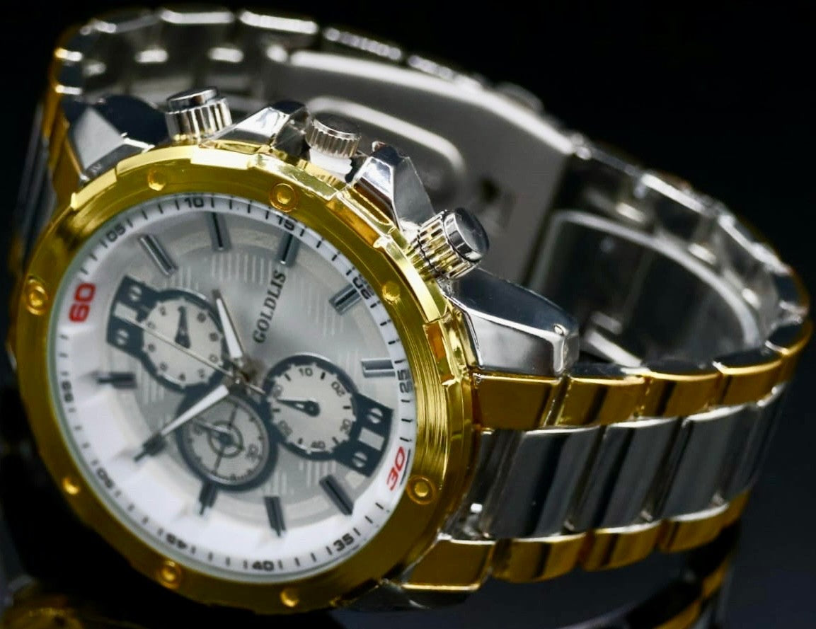 Mega Edle XL Herren Armband Männer Uhr  Silber Gold Farben Chrono-Look1