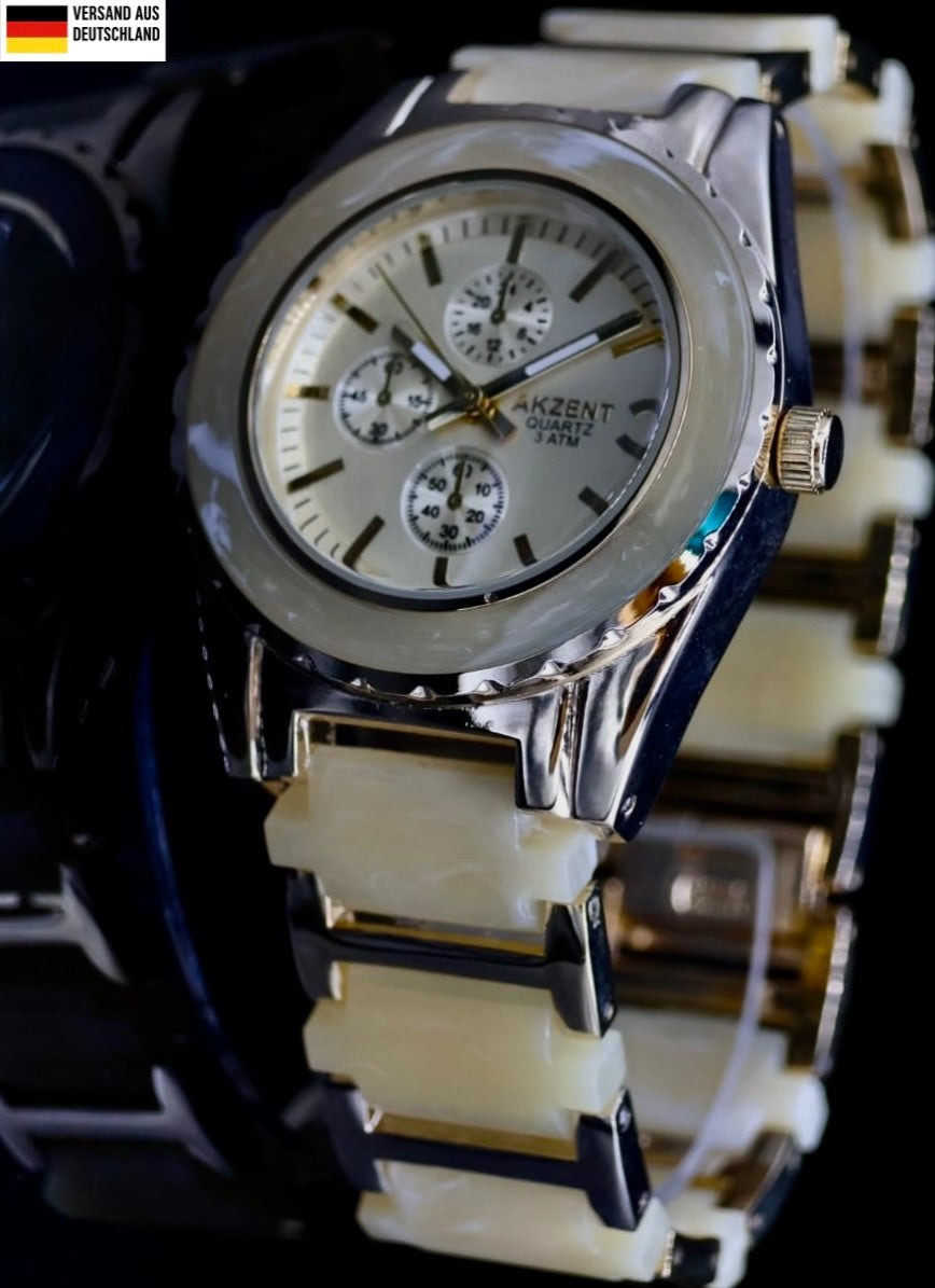 Mega Akzent Damen Frauen Armband Uhr Weiß Silber Farben Damenuhr Chrono-Look0