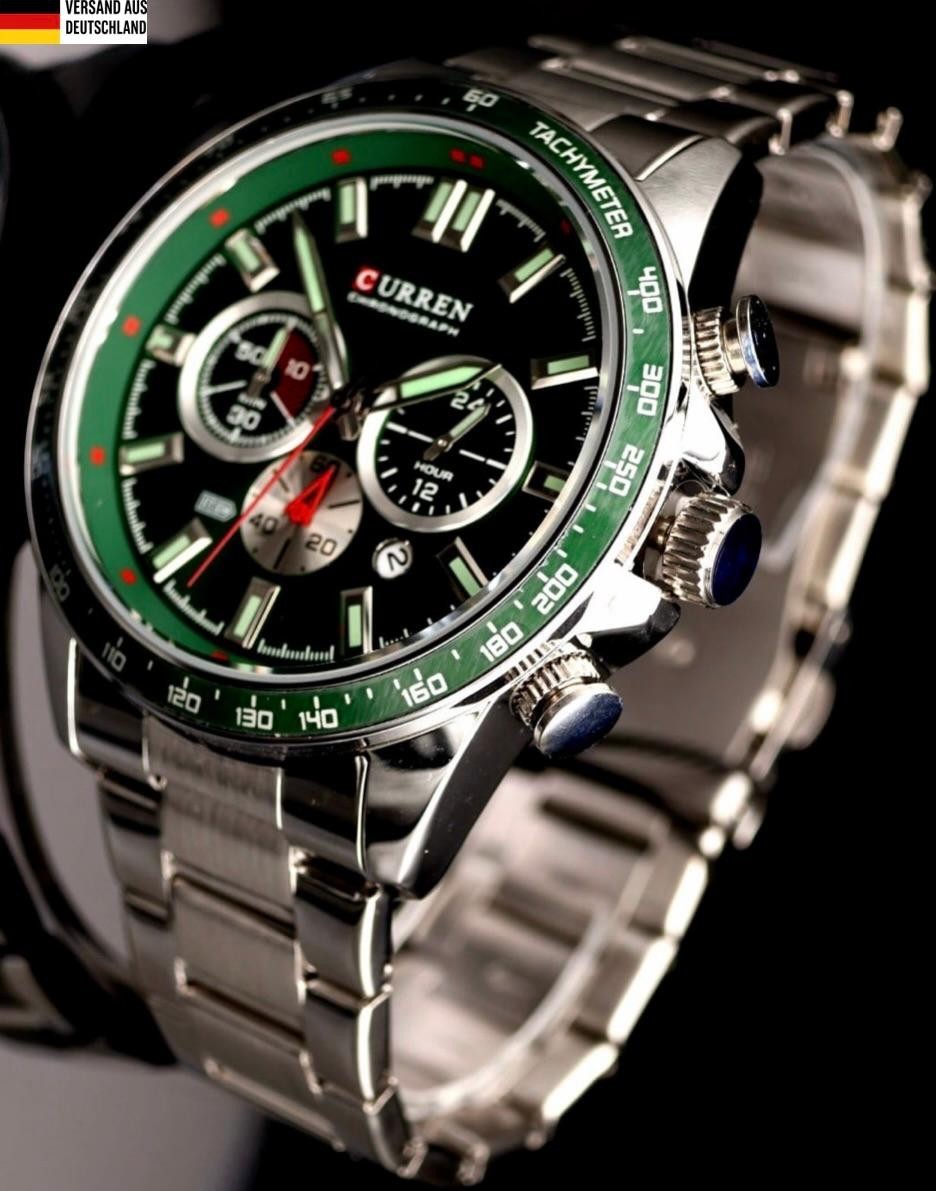 Edle Herren Männer Armband Uhr Chronograph Stoppuhr Datum Grün Silber Farben NEU0