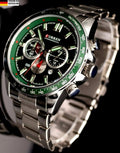 Edle Herren Männer Armband Uhr Chronograph Stoppuhr Datum Grün Silber Farben NEU0