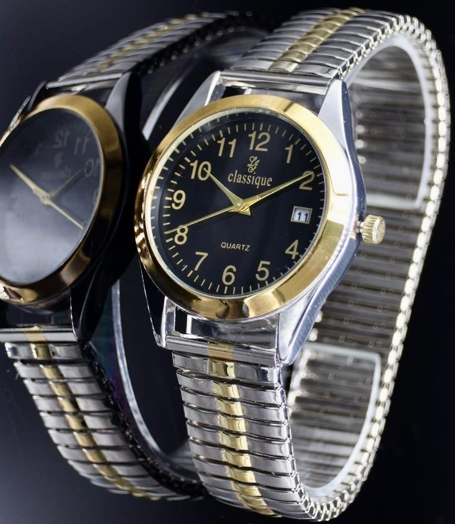 Classique Herren Uhr Armband Schwarz Bicolor Edelstahl Zugarmband Datumsanzeige1