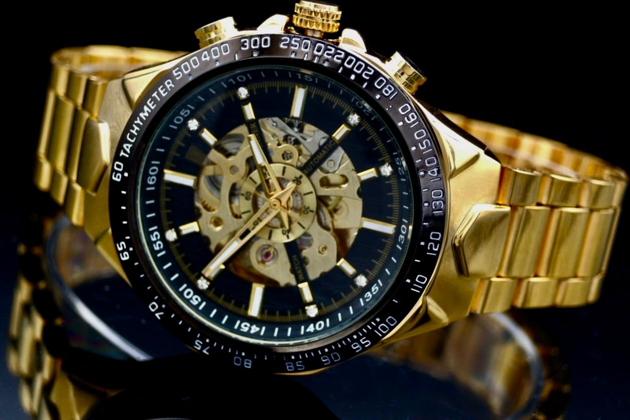 T-Winner Herren Automatikuhr Gold Schwarz Mechanisch Skelett Uhr Edelstahl 48mm0