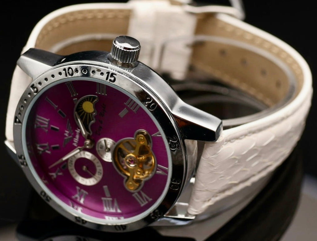 Edle Unisex Uhr Automatikuhr Armbanduhr Minoir Unisexuhr mit weißem Lederband0