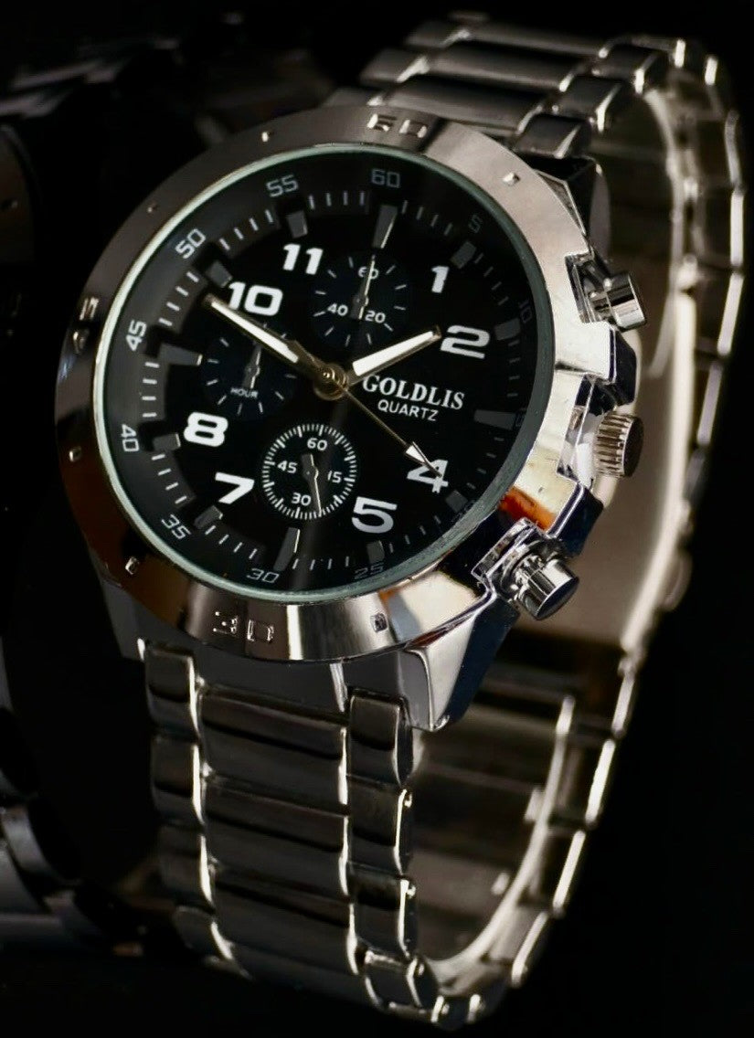 Herren Armband Männer Uhr  Schwarz Silber Farben Chrono Look Quarz * NEU **1