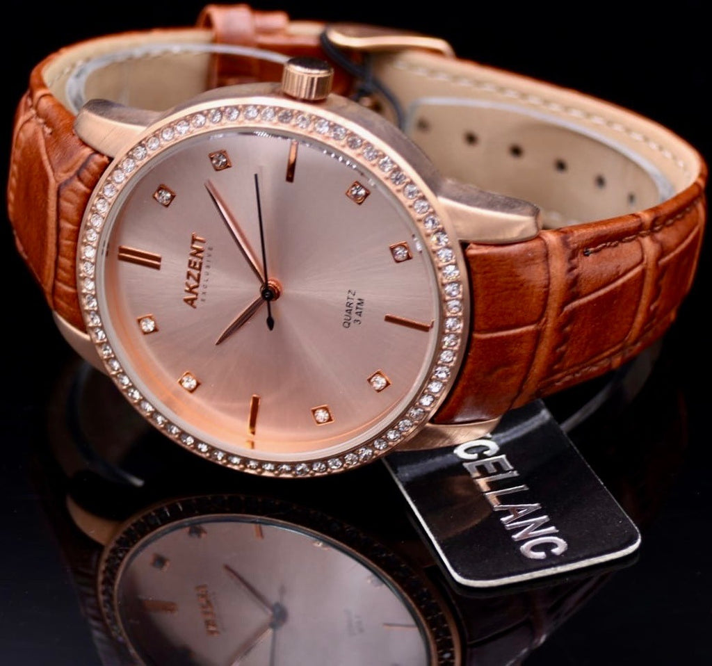 Akzent Exclusive Damen Frauen Armband Uhr Rosé Braun Farben Damenuhr Strass1