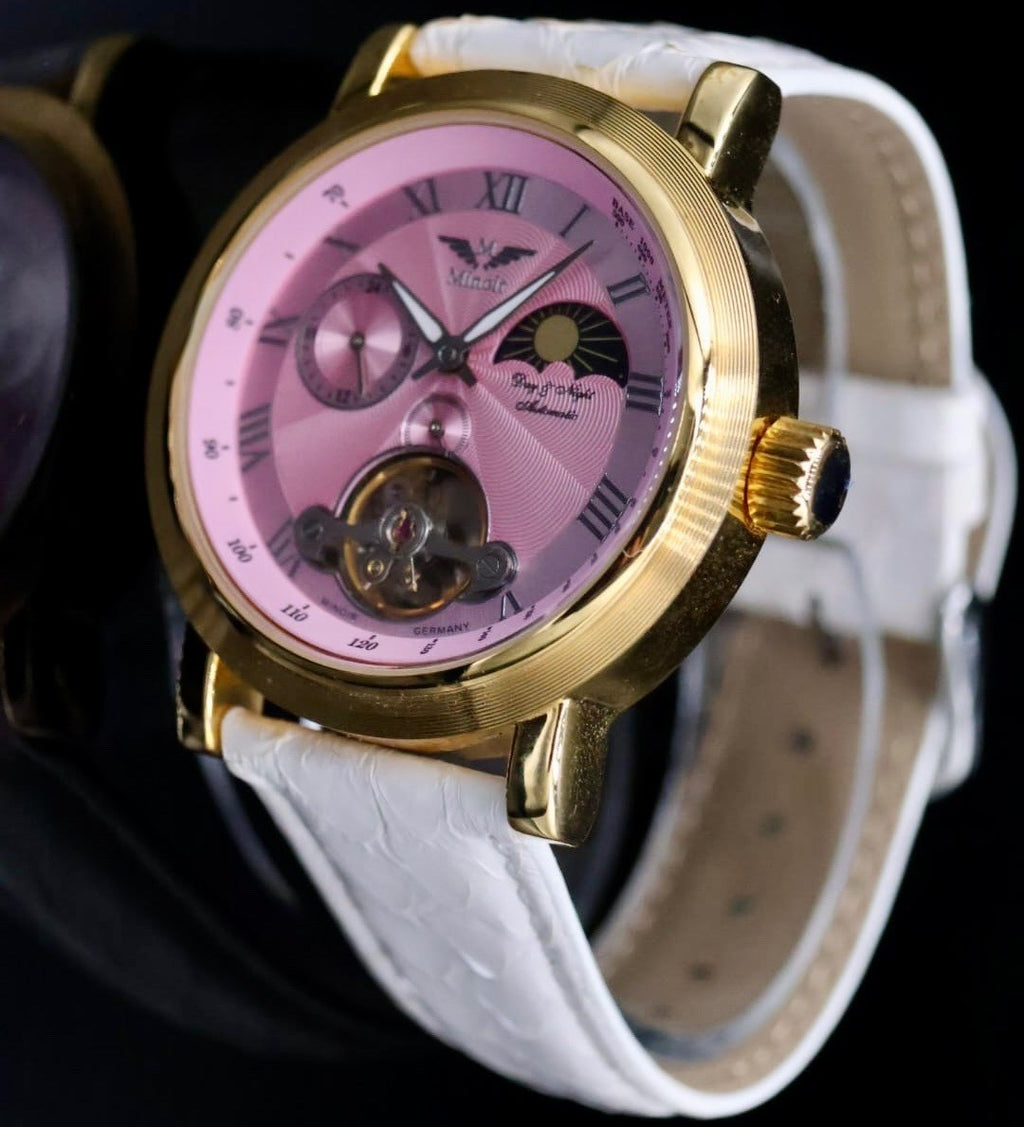 Minoir Herren Uhr Automatikuhr Armbanduhr Herrenuhr Lederband Rosa Weiß Farben0