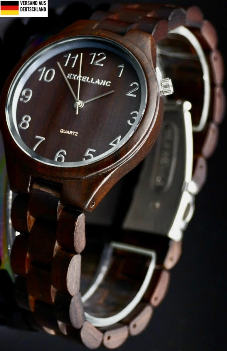 Excellanc Damen Frauen Holz Armband Uhr Dunkelbraun Farben Damenuhr Schwarzholz0