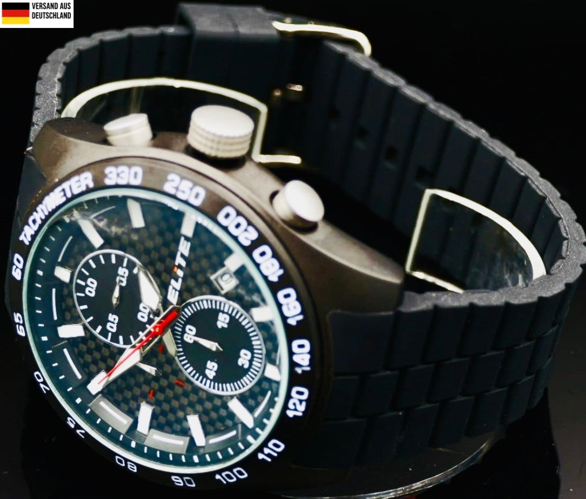 Elite Herren Silikon Armband Uhr Chronograph Schwarz Datum sportliches Design0