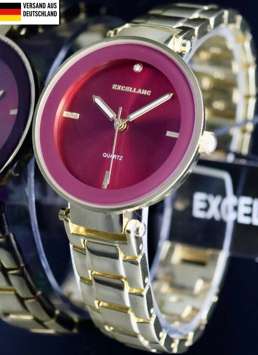 Excellanc  Damen  Armband Uhr Rot Gold Farben Damenuhr Mineralglas Elegant0