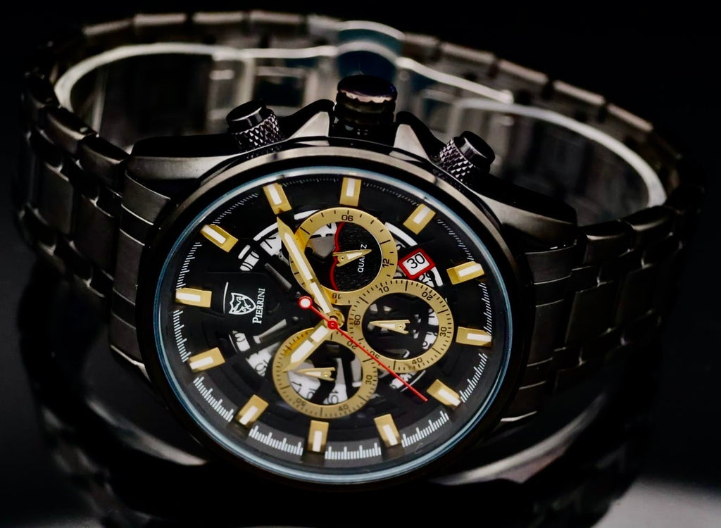 Pierrini Herren Armband Uhr Chronograph Stoppuhr Datum Gold Keramik Farben NEU0