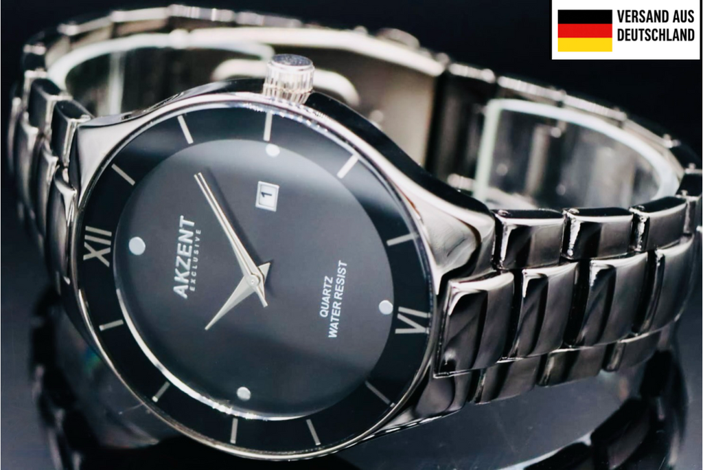 Akzent Exclusive Herren Männer Armband Uhr Schwarz Grau Datum Anzeige 42mm Neu0