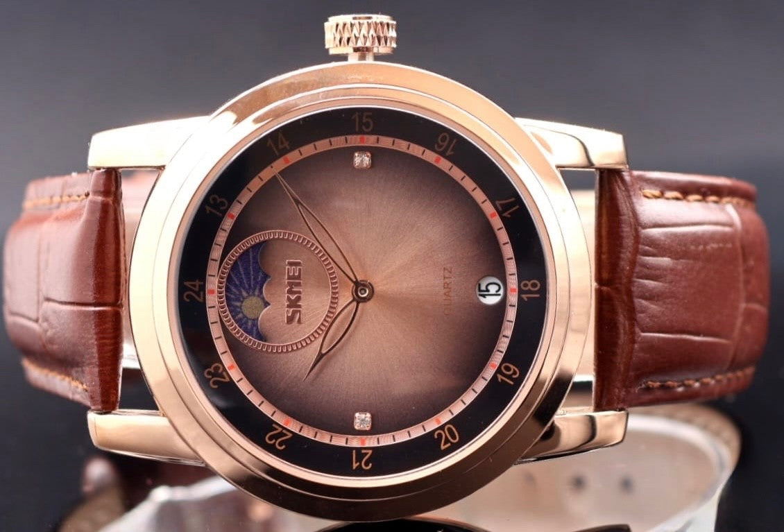 SKM Herren Armband Uhr Rosé Farben Lederband Datum Tag & Nacht Anzeige 42mm NEU1
