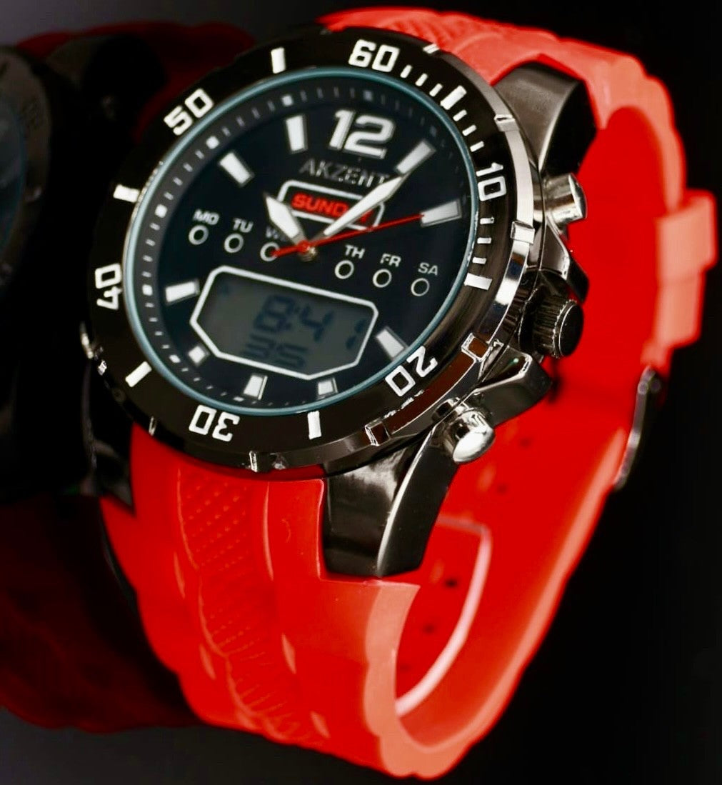 Akzent Herren Männer Analog Digital  Armband Uhr Rot Schwarz Farben Silikonband1