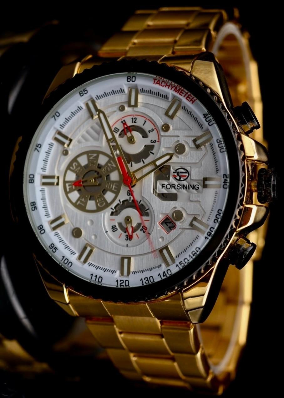 Herren Männer Automatik Uhr Weiß Gold Farben Leuchtzeiger + Kalender Top Design1