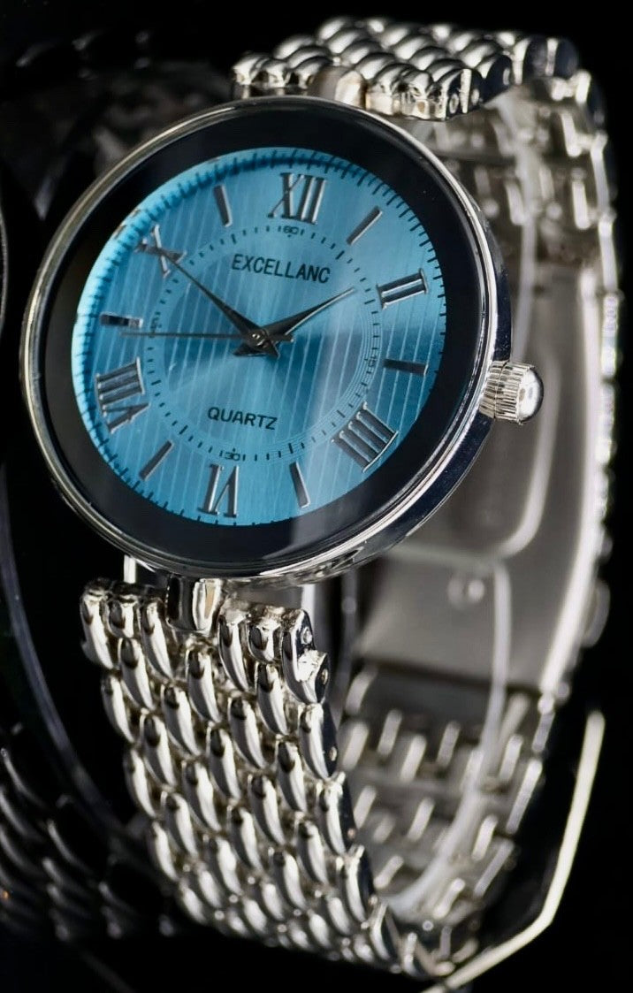 Excellanc  Damen  Armband Uhr Blau Türkis Silber Farben Damenuhr Mineralglas1