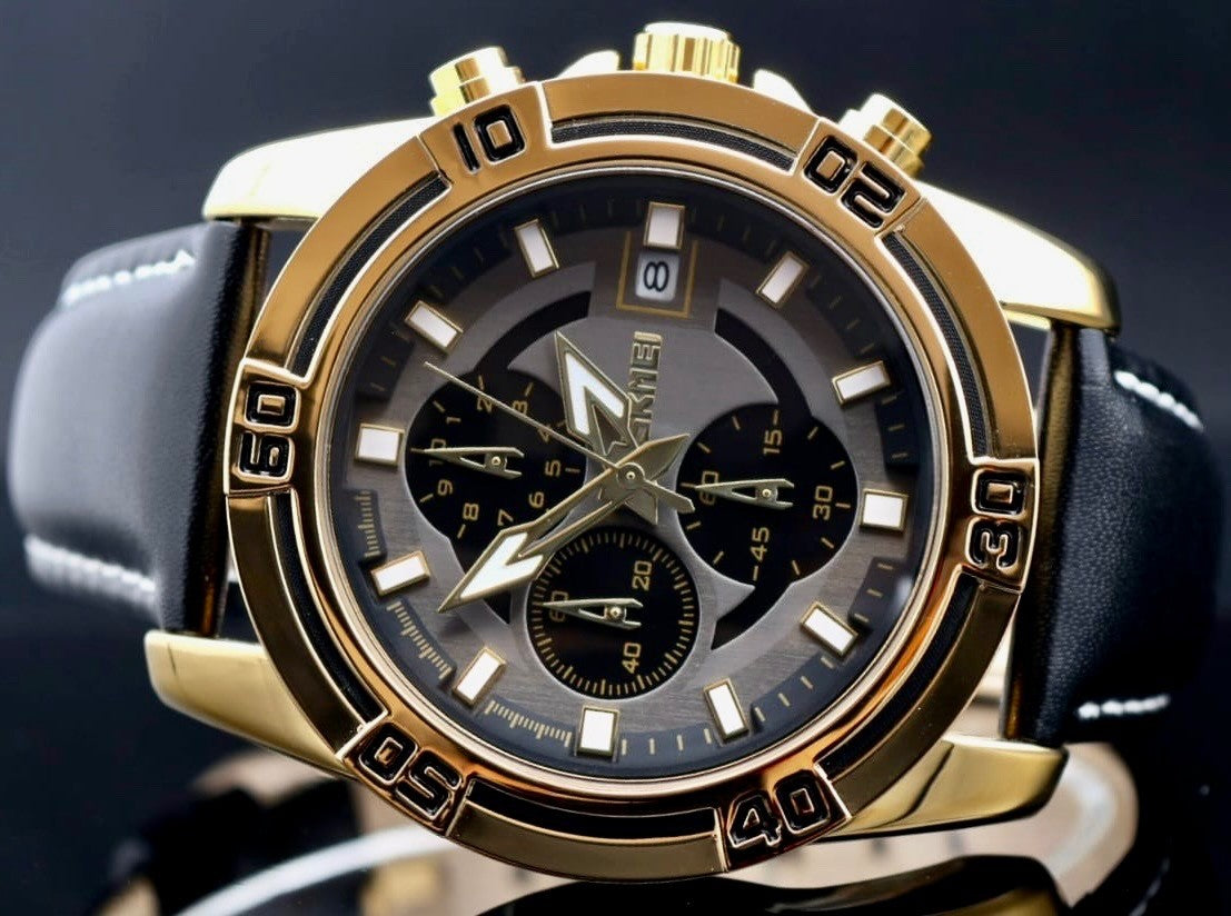 Herren Chronograph SKM Armband Uhr Leder 48MM  Datumsanzeige Stoppfunktion1