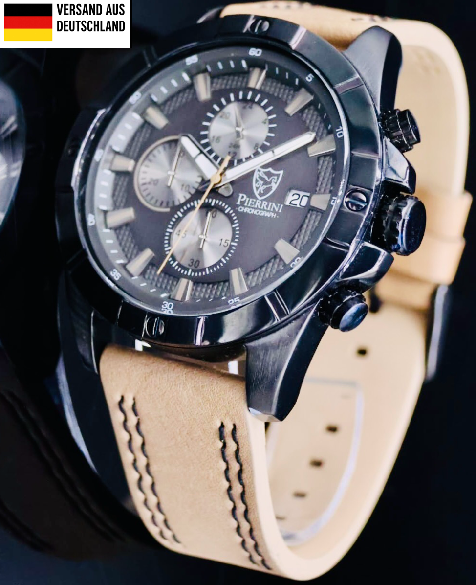 Pierrini Herren Armband Uhr Schwarz Chronograph Stoppuhr 24 Stundenanzeige Datum0